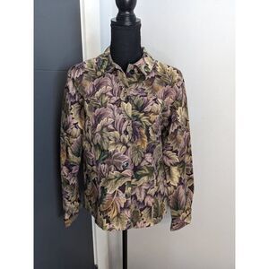 Vintage Coldwater Creek Purple and Green Leaf‎ Print Denim Jacket - Small